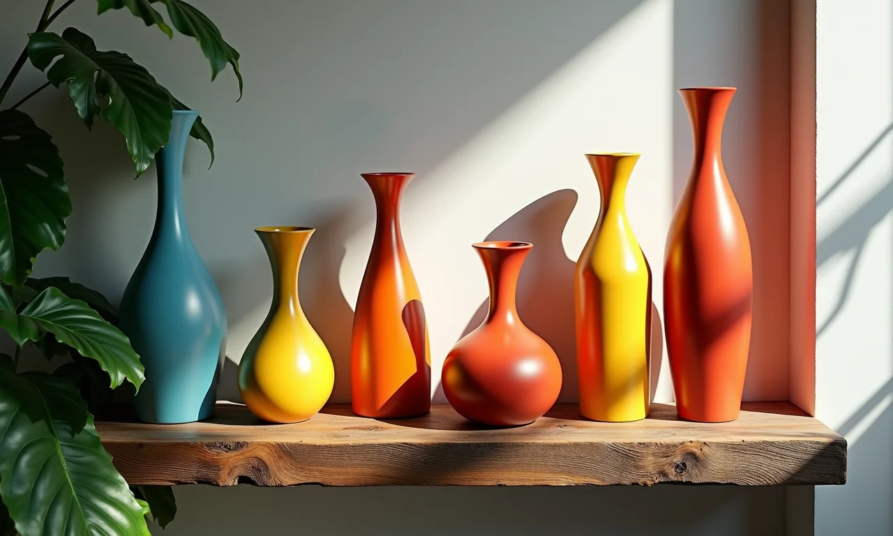 Esculturas decorativas de cerâmica fria em estante rústica.