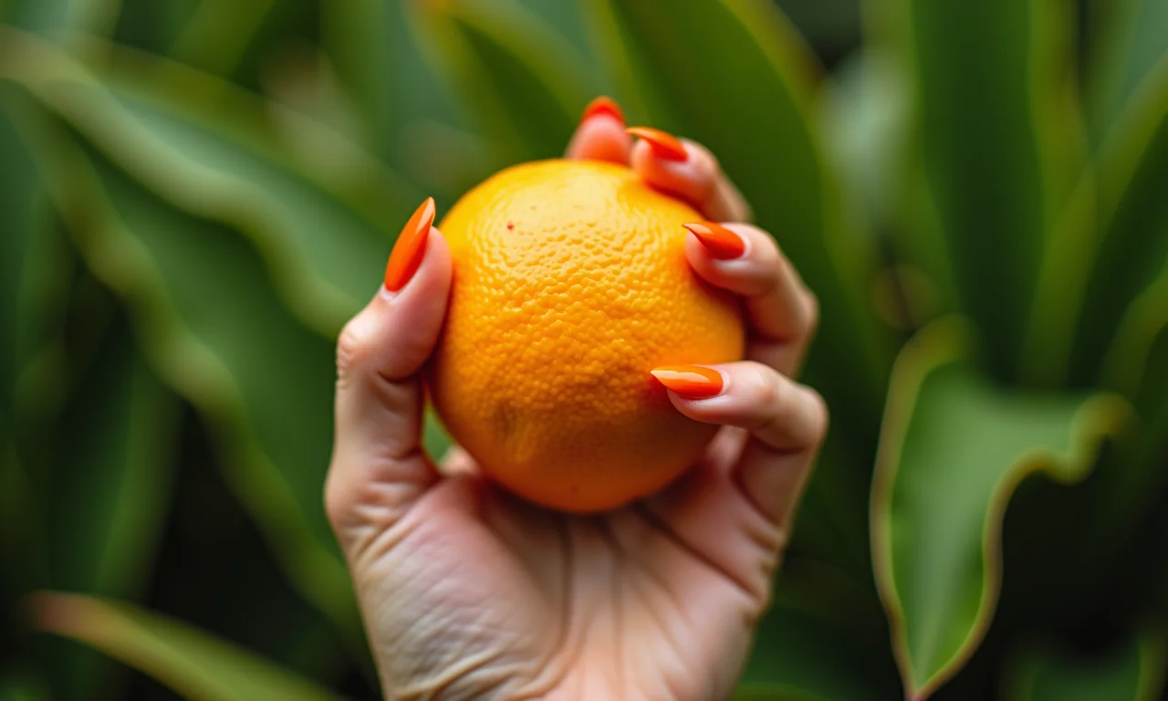 Esmalte laranja vibrante e fruta cítrica.