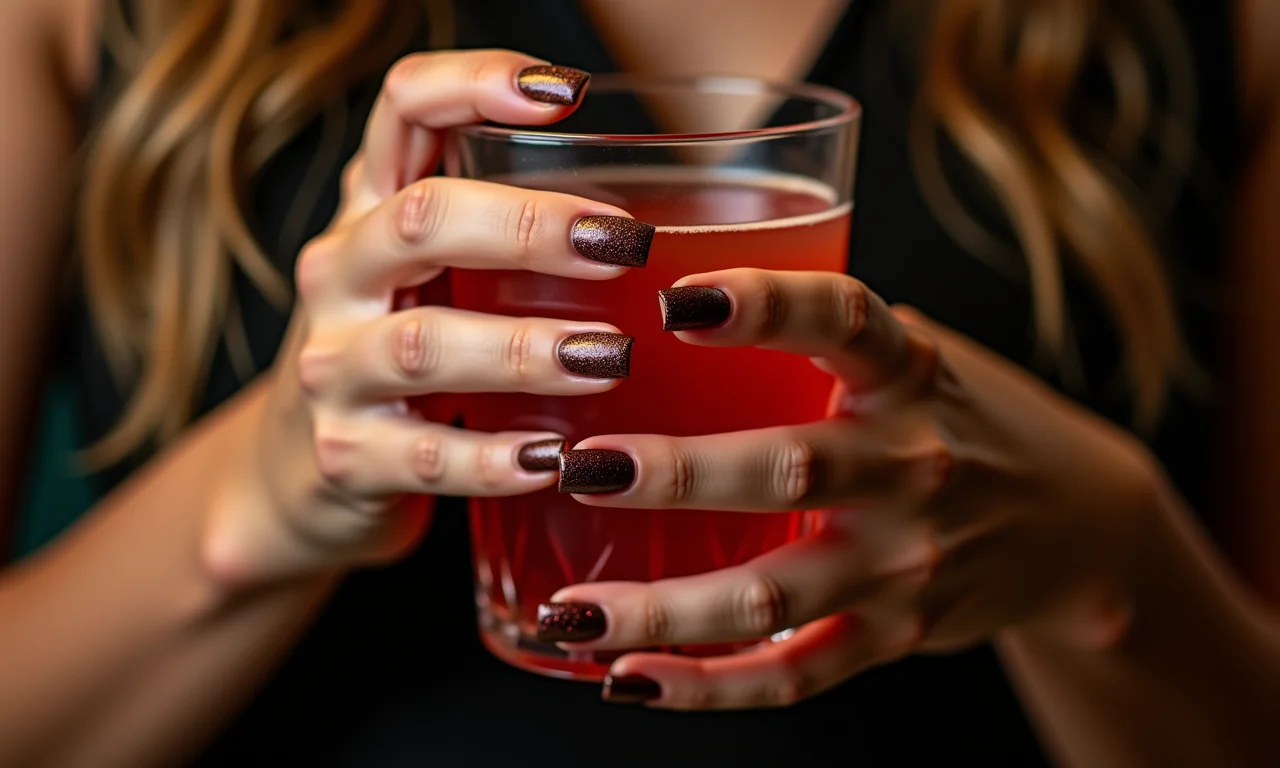 Esmalte marrom com glitter brilhante.