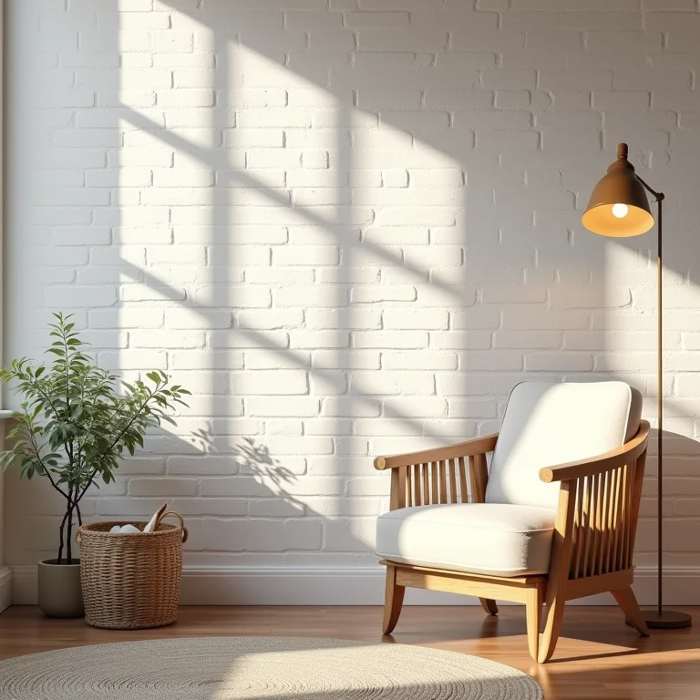 Espaço de leitura aconchegante com parede de tijolinho branco