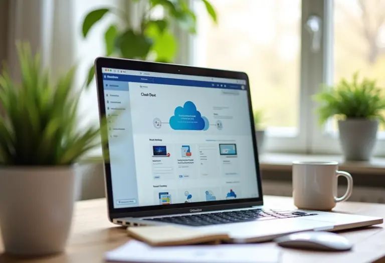 Espaço de trabalho moderno com interface de nuvem de fotos em um laptop.