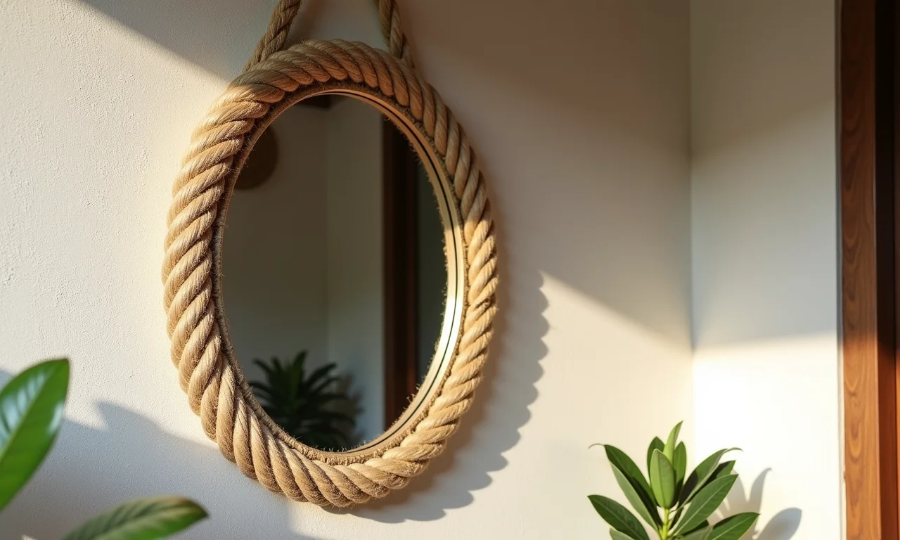 Espelho com moldura de corda de sisal pendurado na parede.