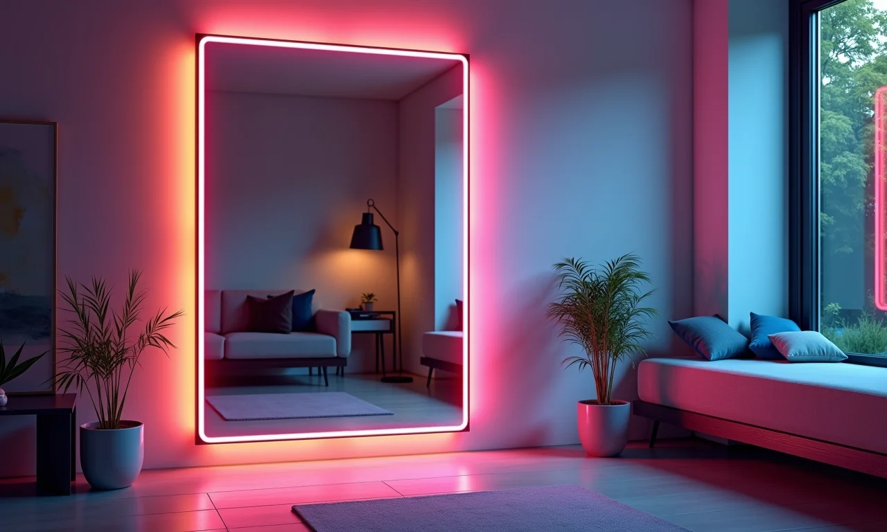 Espelho de corpo inteiro com fitas de LED Philips Hue coloridas.