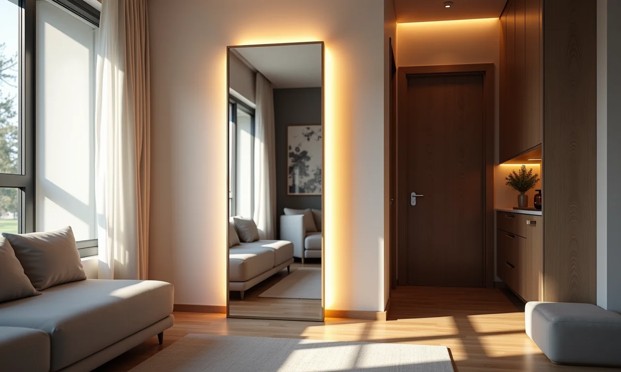 Espelho de corpo inteiro com iluminação superior criando efeito glamouroso.