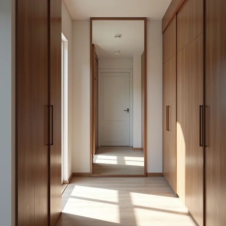 Espelho de corpo inteiro em um closet organizado