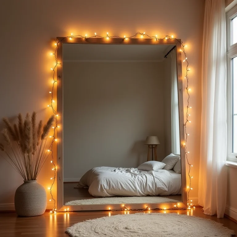 Espelho decorado com luzes, um toque de glamour