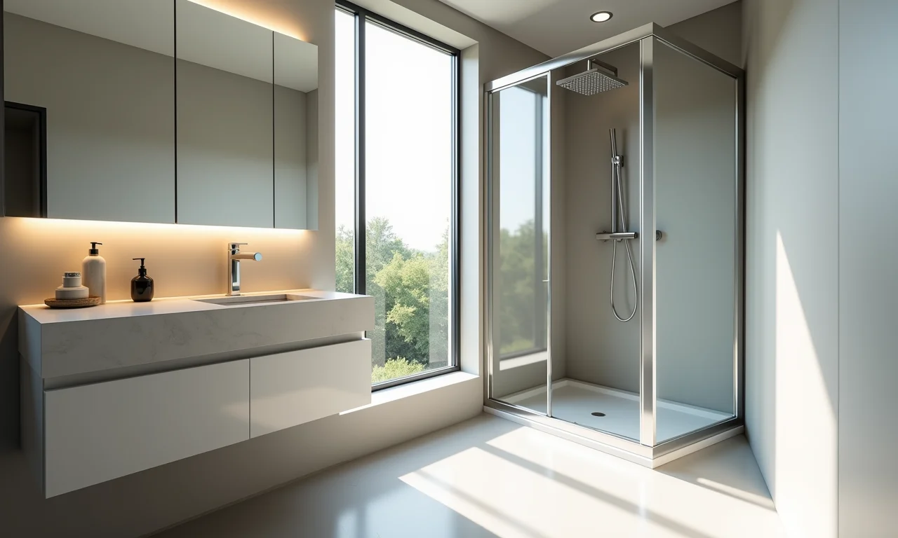 Espelho grande em banheiro pequeno com box de canto.