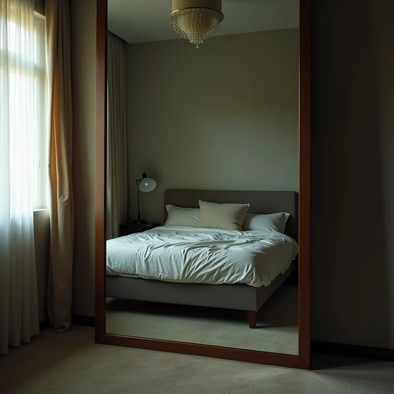 Espelho mal posicionado refletindo a cama no quarto
