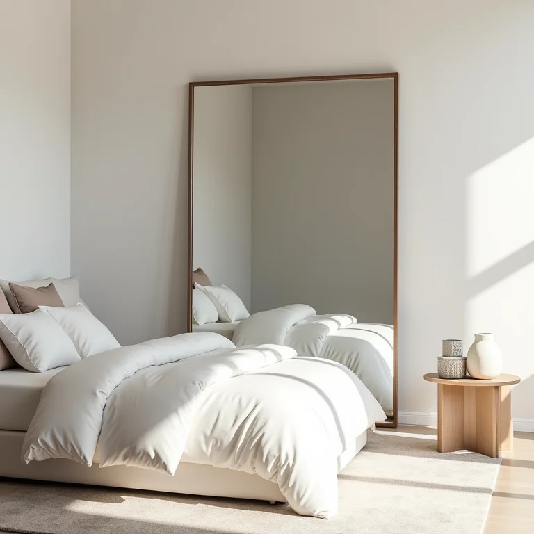 Espelho mal posicionado refletindo a cama