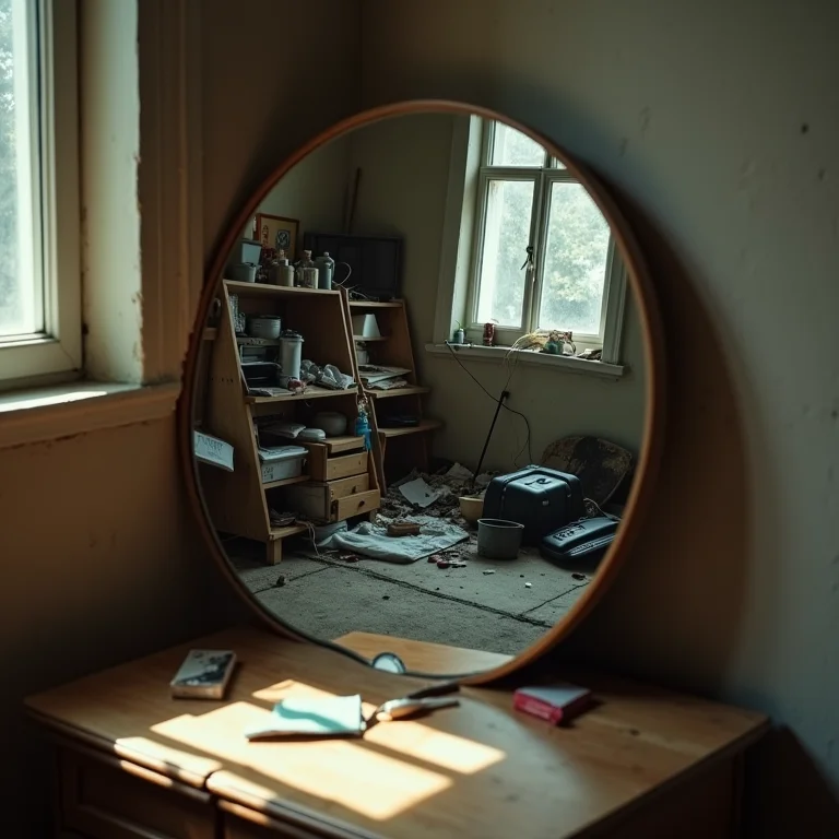 Espelho mal posicionado refletindo desordem no quarto