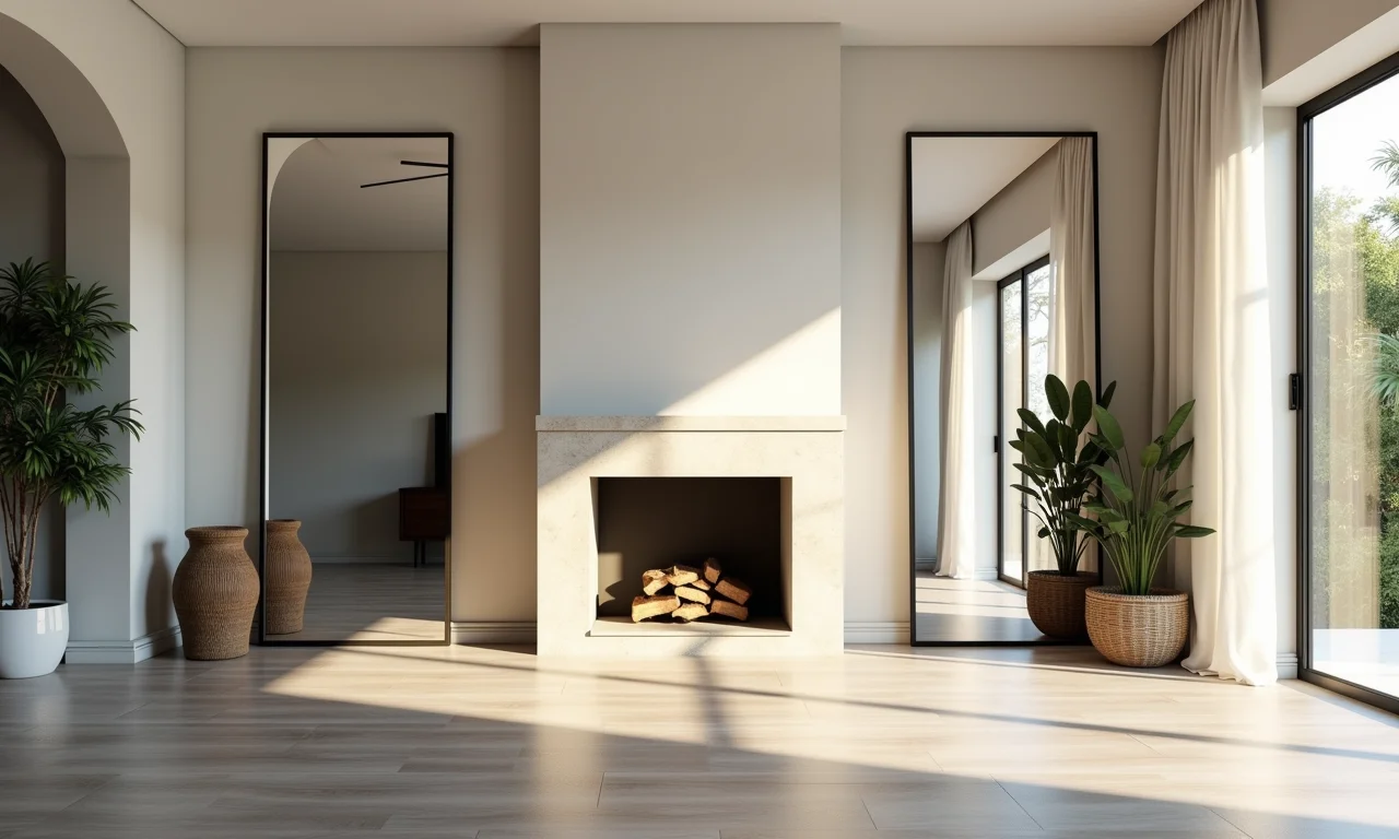 Espelhos para ampliar o espaço da sala com lareira.