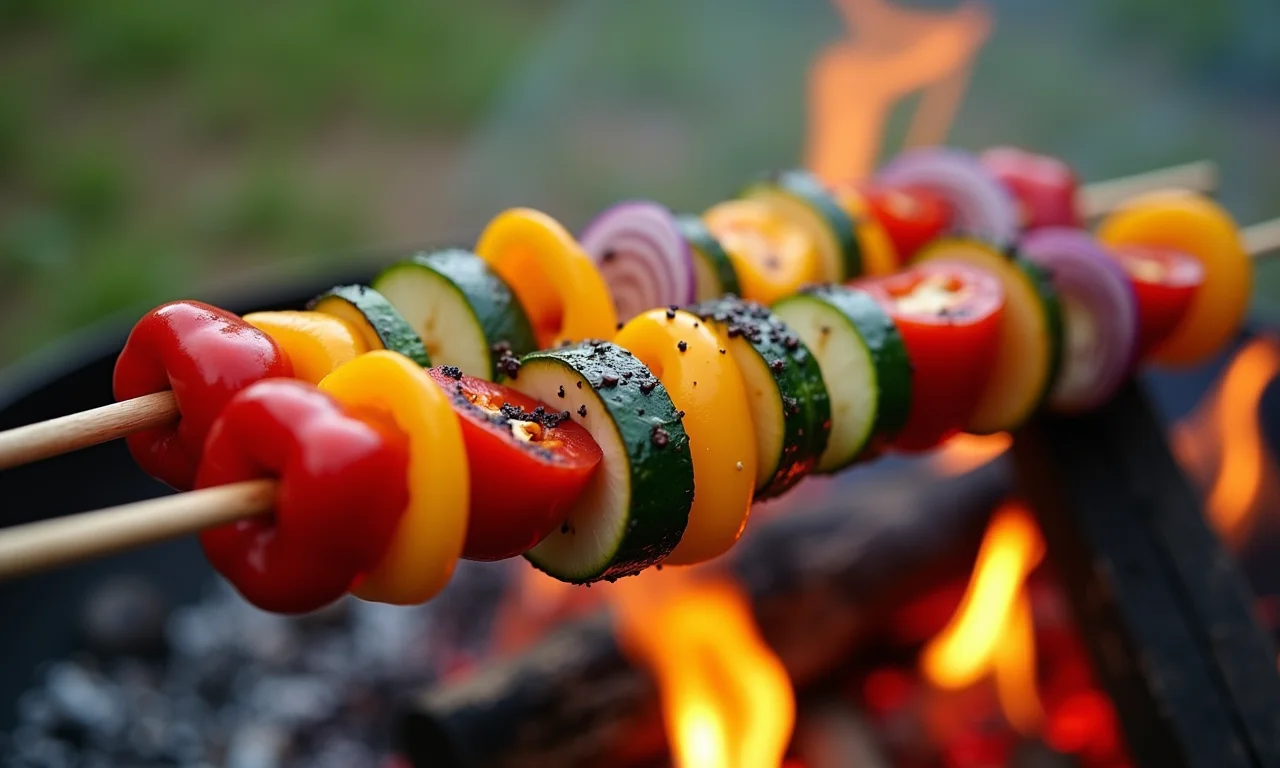 Espetinhos de legumes coloridos grelhando na fogueira.