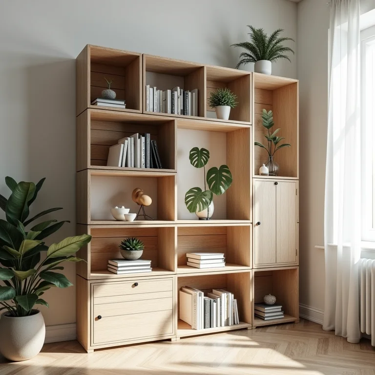 Estante charmosa feita de caixotes de feira pintados com livros e objetos