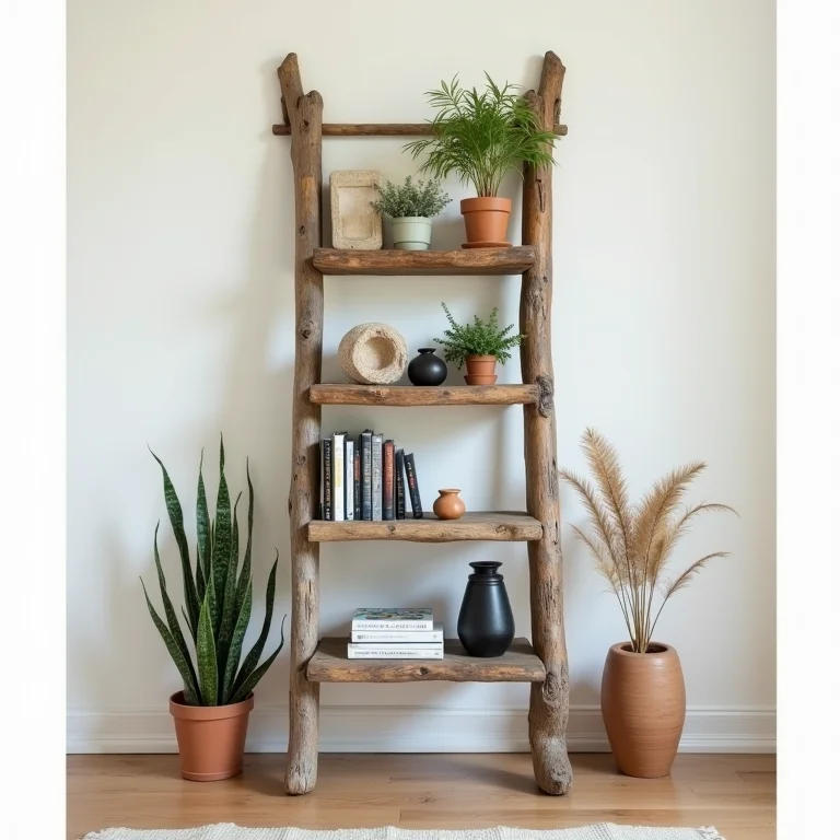 Estante feita de escada antiga com decoração minimalista