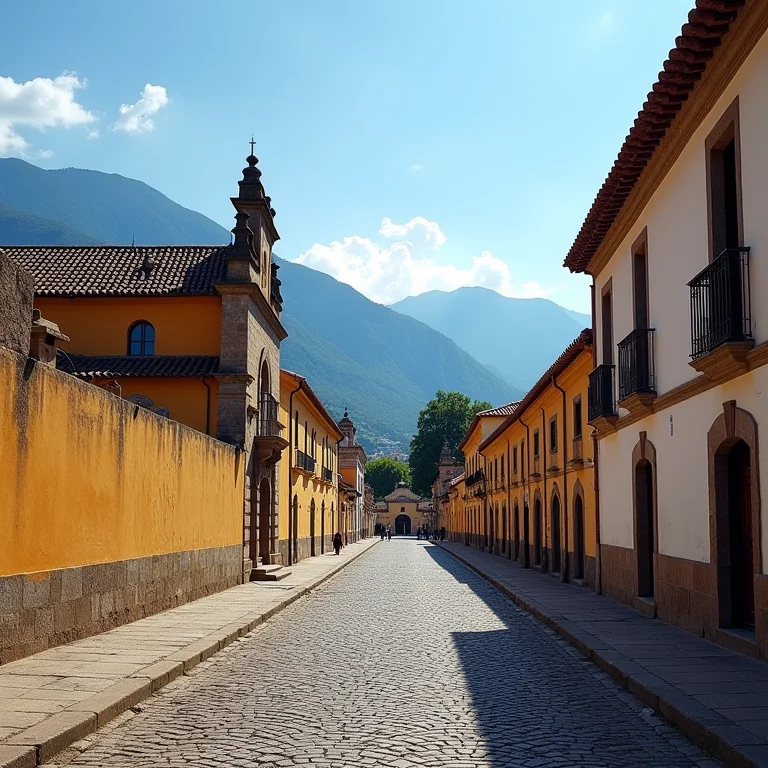Estrada de paralelepípedos na Estrada Real com arquitetura colonial