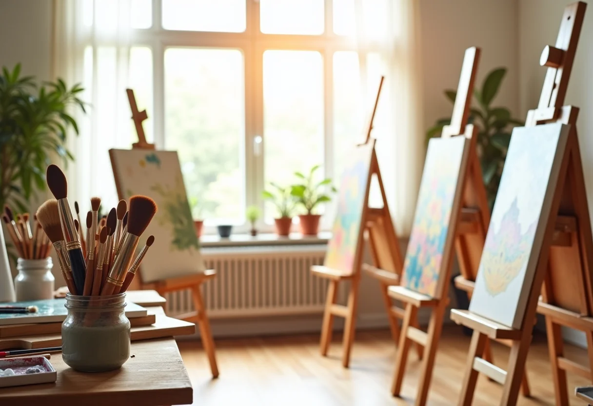 Estúdio de arte iluminado com diversos cavaletes e materiais de pintura.