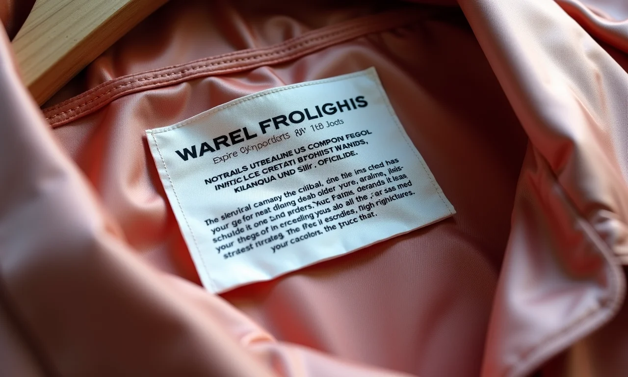 Etiqueta de roupa de seda pura com informações detalhadas sobre a composição do tecido.