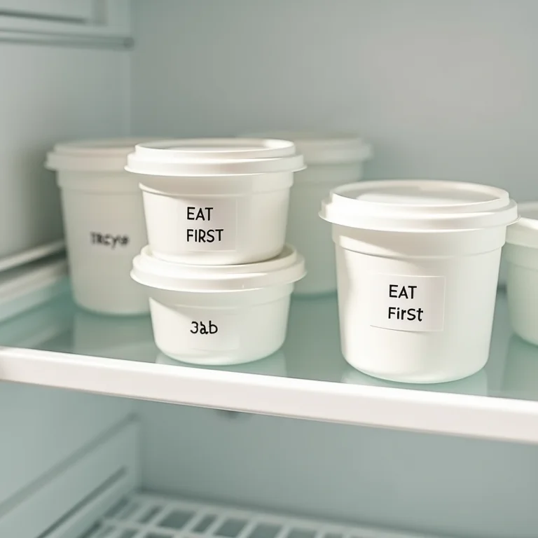 Etiquetas em potes na geladeira indicando um sistema de rodízio.