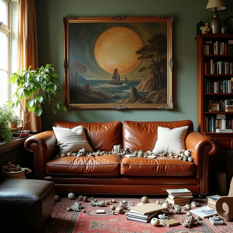 Excesso de objetos decorativos em sala com sofá de couro marrom