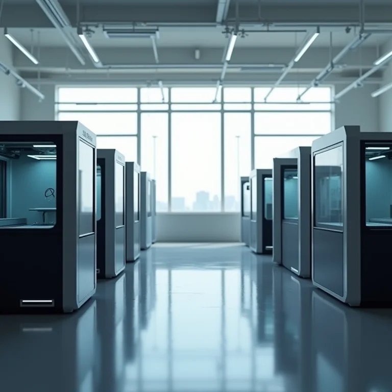 Fábrica de moda futurista com impressoras 3D trabalhando.