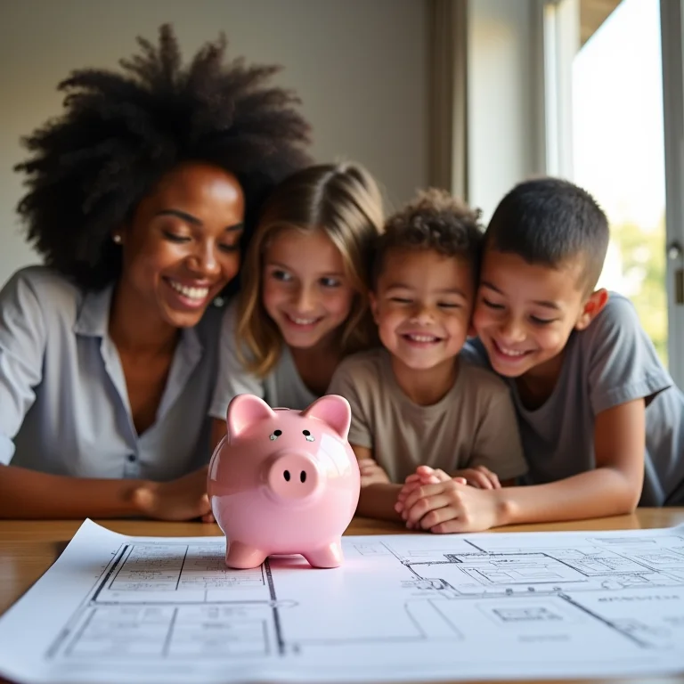 Família analisando a planta de uma casa com um cofrinho na mesa.