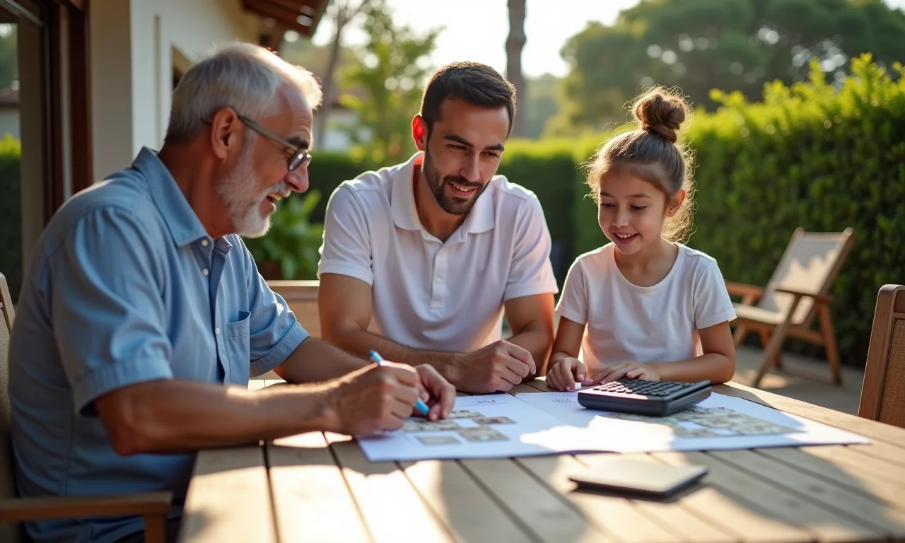 Família brasileira planejando orçamento e escolhendo piso para área externa.