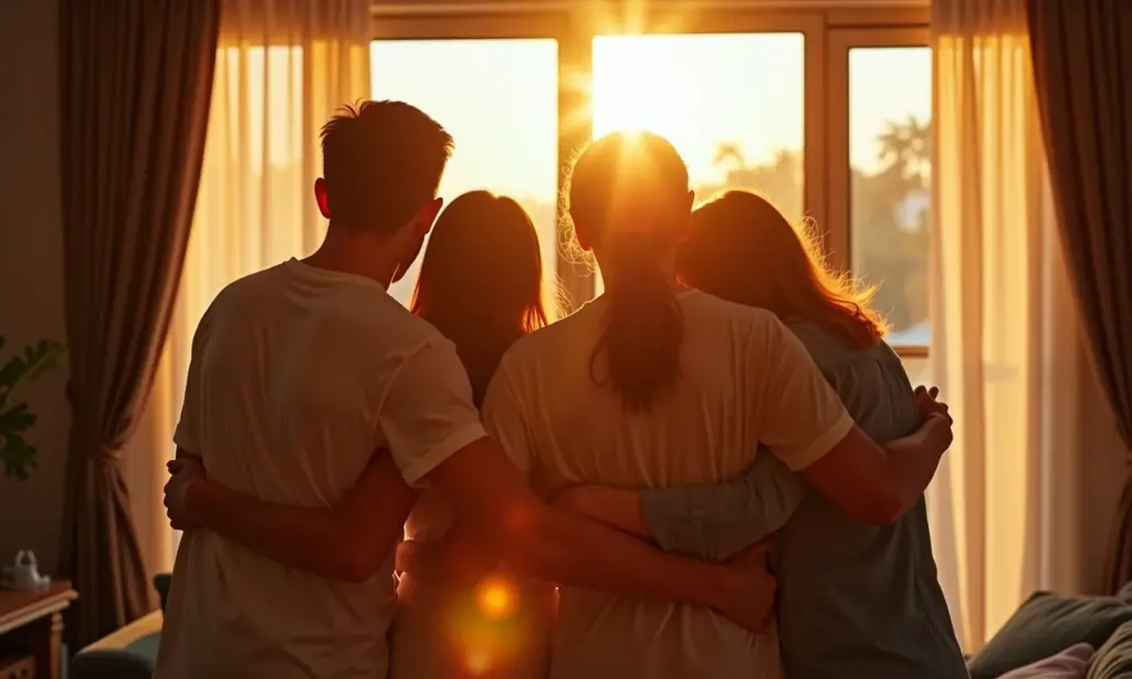 O Poder do Perdão na Família: Curando Feridas e Restaurando Relacionamentos Família brasileira se abraçando em um lar aconchegante, representando perdão e reconciliação.