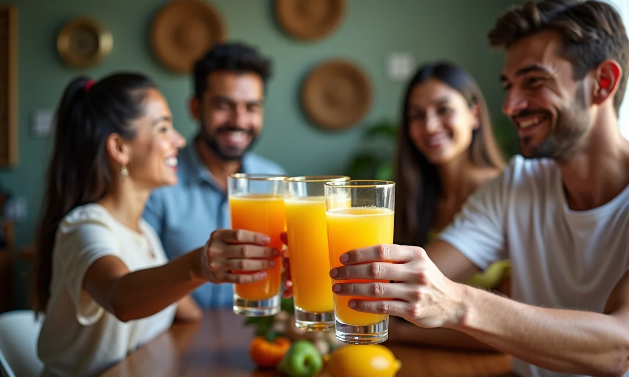 Família brindando a reconciliação em um lar com decoração brasileira.