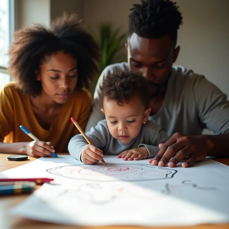 Família desenhando junta em casa