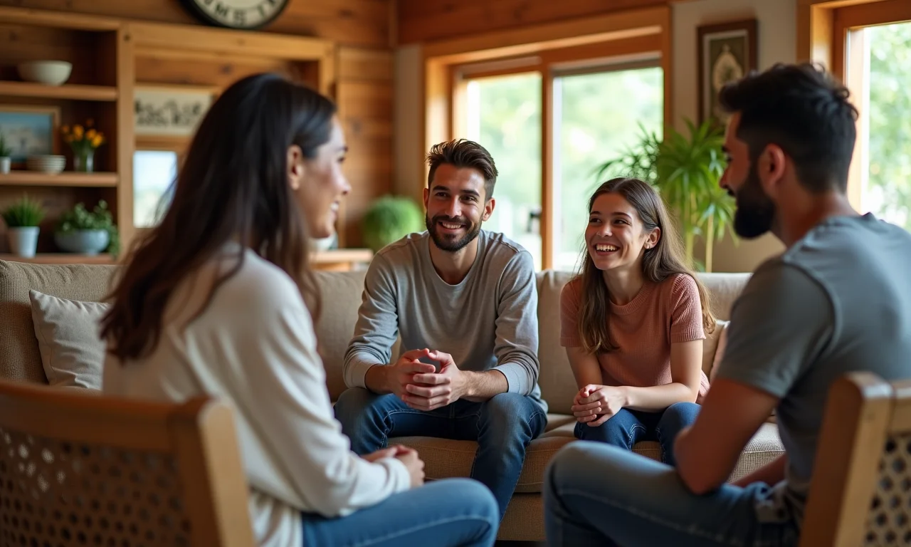 Família diversa dialogando abertamente em um ambiente seguro e acolhedor.