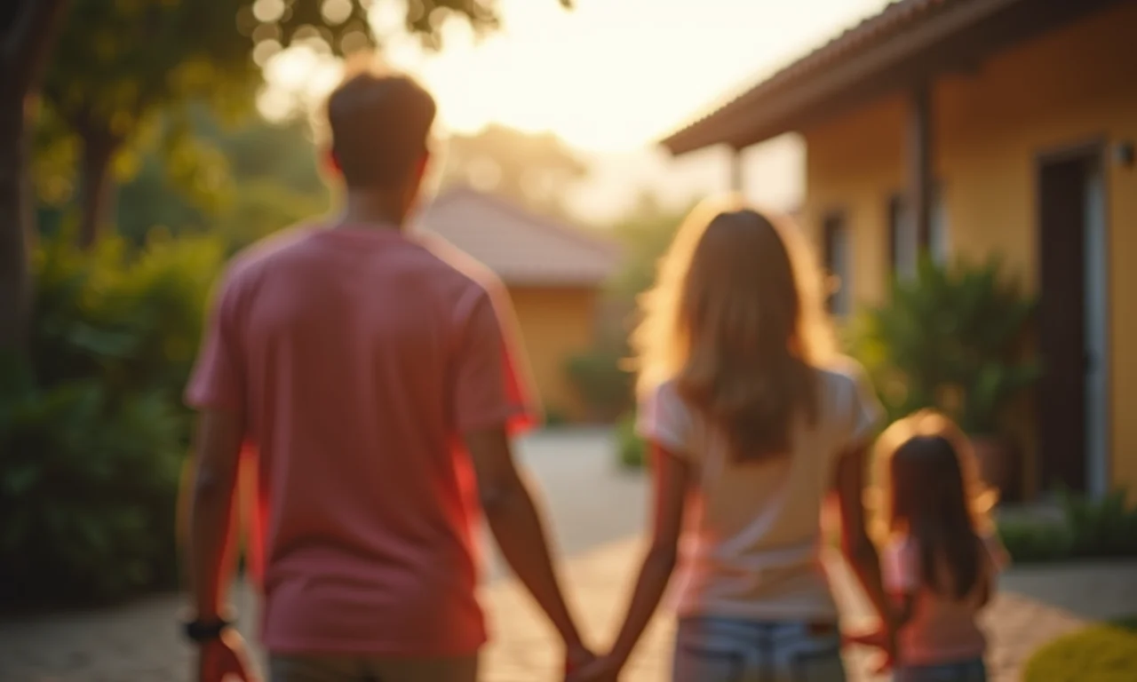 Família olhando para o futuro, deixando o passado para trás.