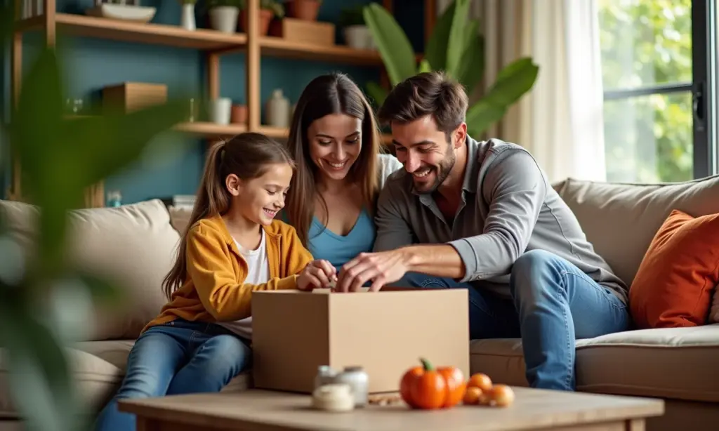 Cápsula do Tempo em Família: Uma Atividade Emocionante para Fazer com as Crianças Família preparando cápsula do tempo em casa decorada.