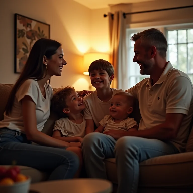 Família rindo junta em uma sala de estar aconchegante.