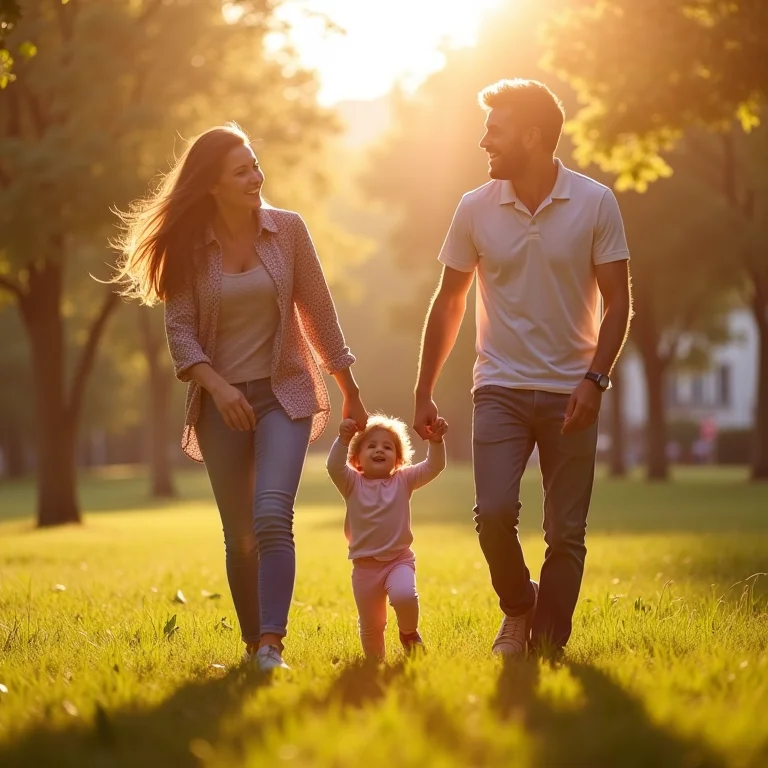 Família se divertindo em um parque ensolarado.