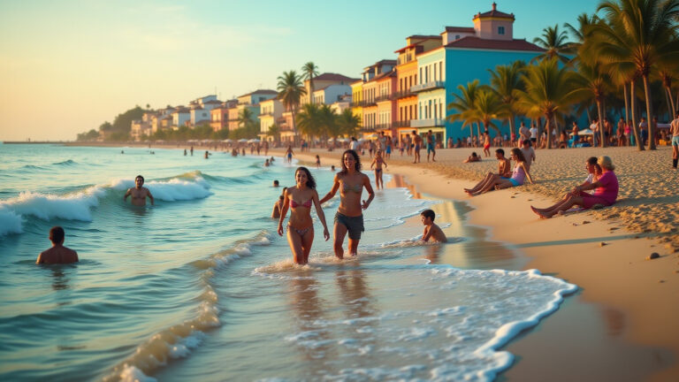 Praia vibrante na Bahia com arquitetura colonial colorida e pessoas felizes.