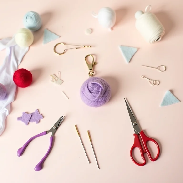 Ferramentas de artesanato dispostas ao redor de um chaveiro de feltro inacabado