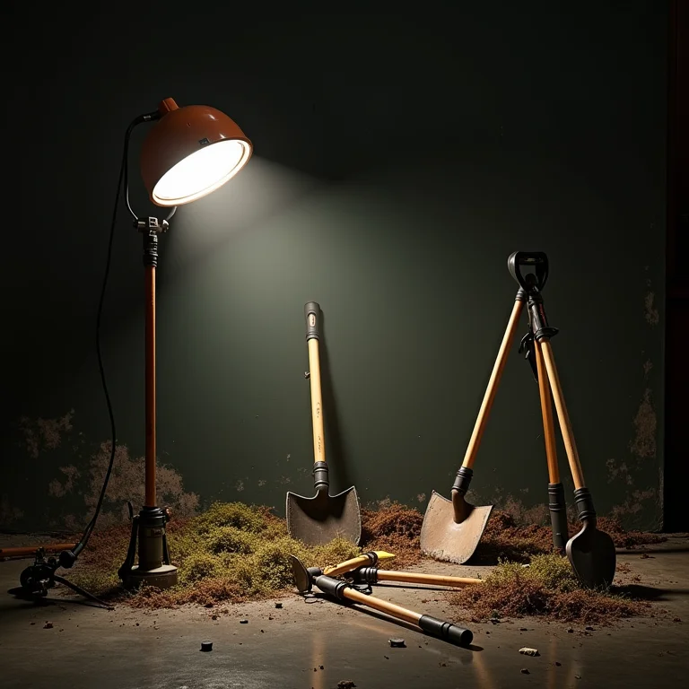 Ferramentas de jardinagem e iluminação desorganizadas