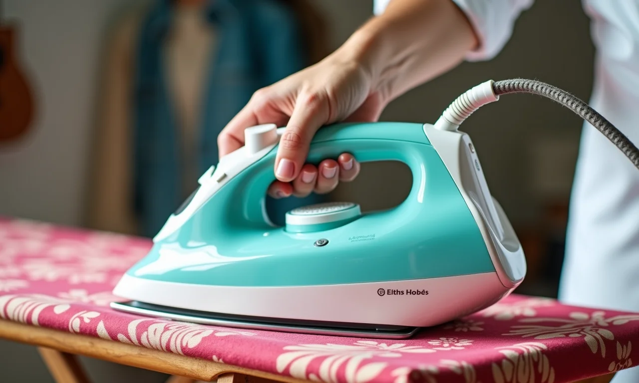 Ferro de passar a vapor de alta qualidade em tábua de madeira.