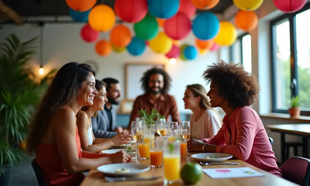 Festa Junina para Empresas Simples: Decoração Alegre e Convidativa Festa Junina alegre em escritório com decoração colorida e funcionários diversos.