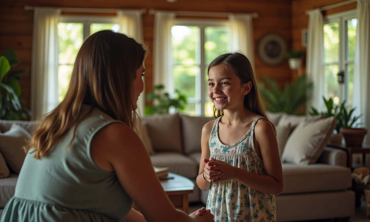Filha tendo conversa aberta com seus pais em sala de estar.