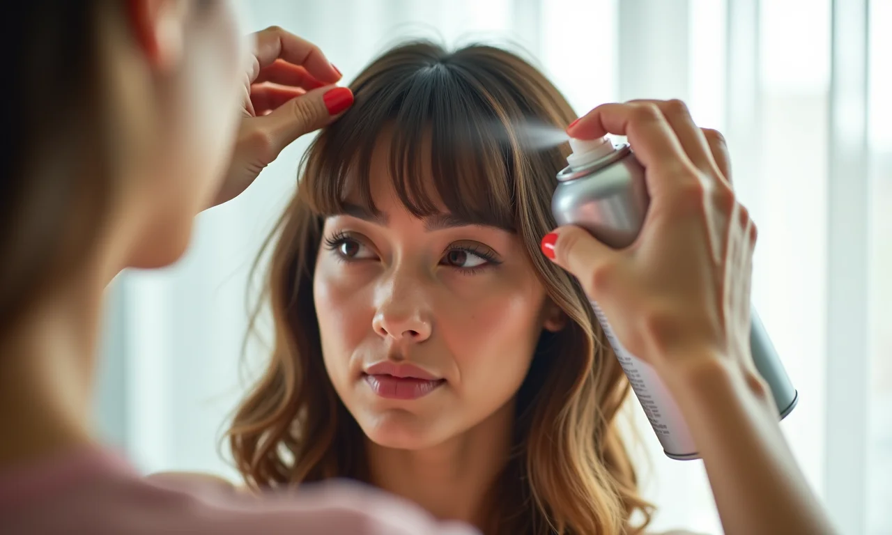 Finalizando a franja cortina com spray fixador.