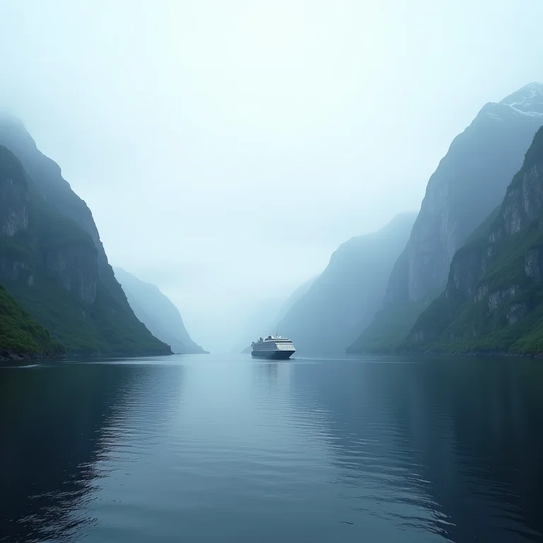 Fiordes noruegueses com navio de cruzeiro ao fundo.