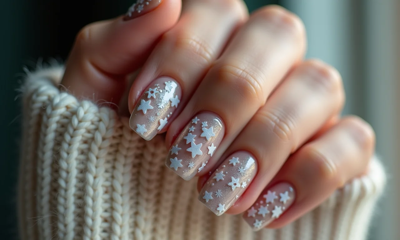Flocos de neve nas unhas, um toque delicado e elegante para o Natal.
