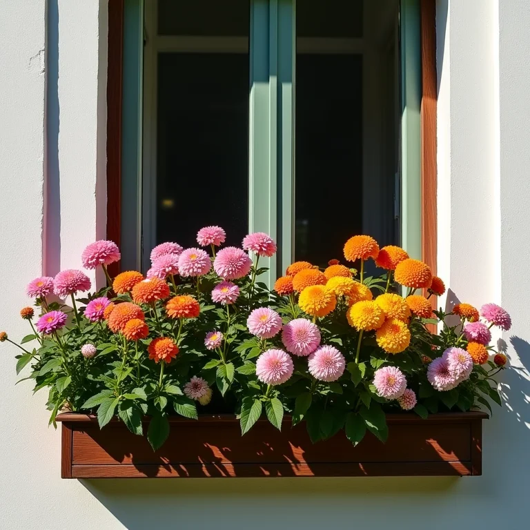 Floreira charmosa com flores coloridas na janela