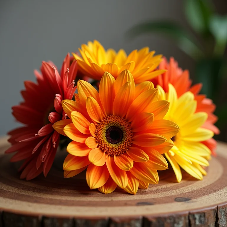 Flores de chita vibrantes dispostas sobre uma mesa de madeira
