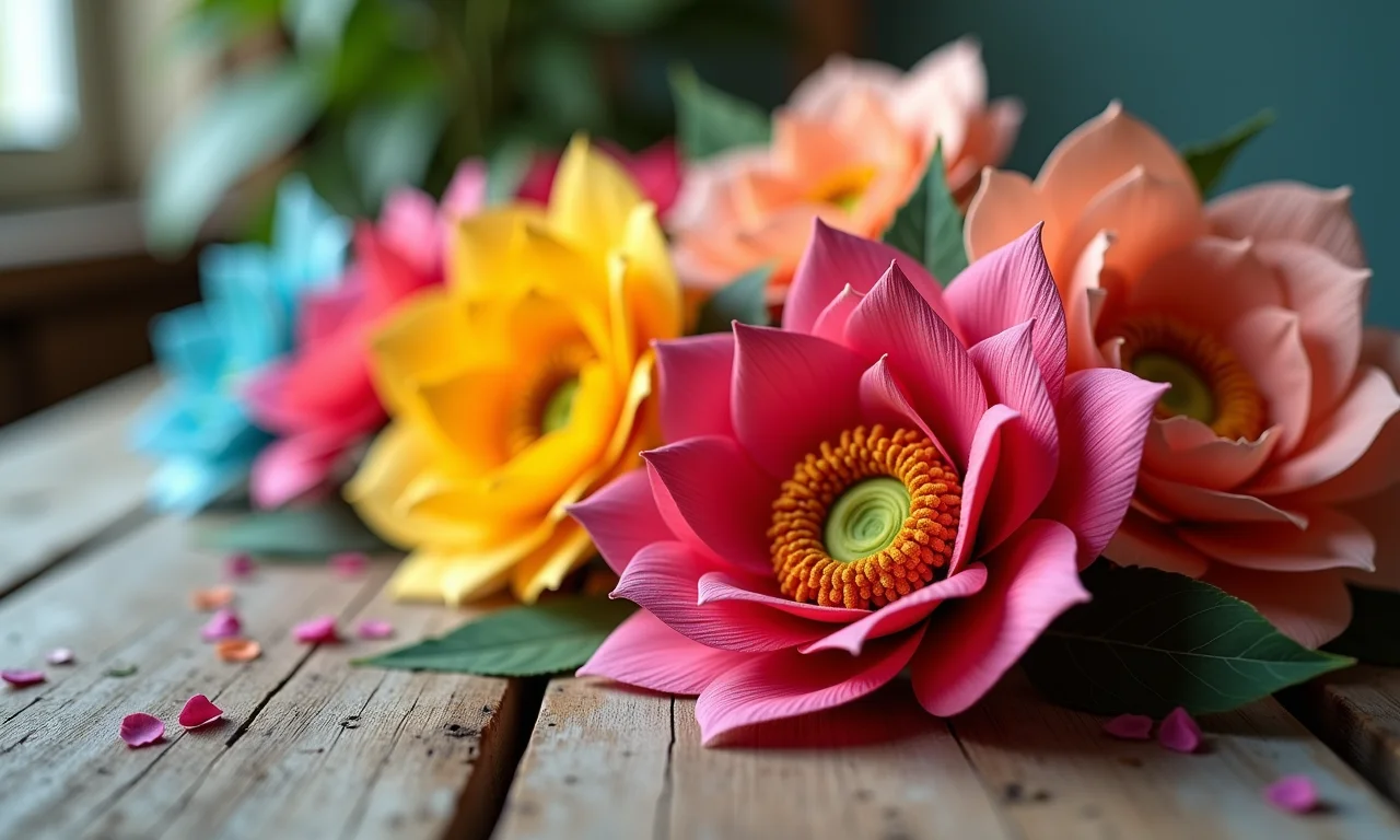 Flores de papel crepom coloridas para decoração de festa junina.