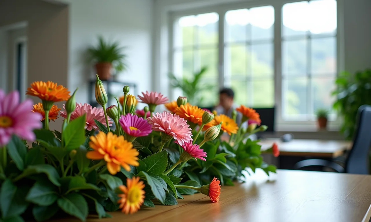 Flores e folhagens na decoração de festa junina em escritório.