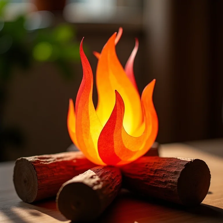 Fogueira cenográfica feita com madeira e papel colorido para decoração de festa junina