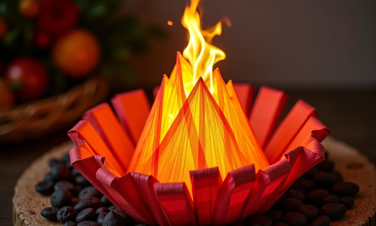 Fogueira de papel crepom como decoração em festa junina.