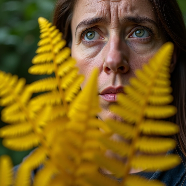 Folhas amareladas de samambaia, close-up.